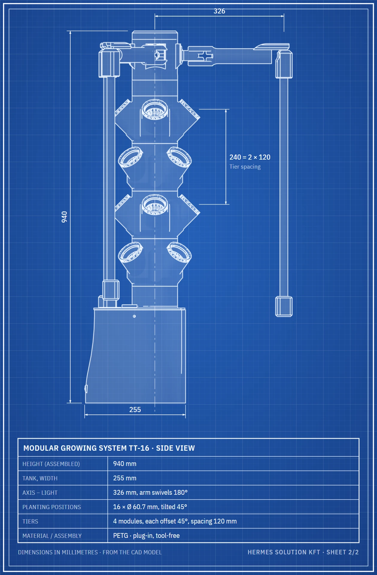 Blueprint: TT-16 assembled, side elevation with dimensions, height 940 mm